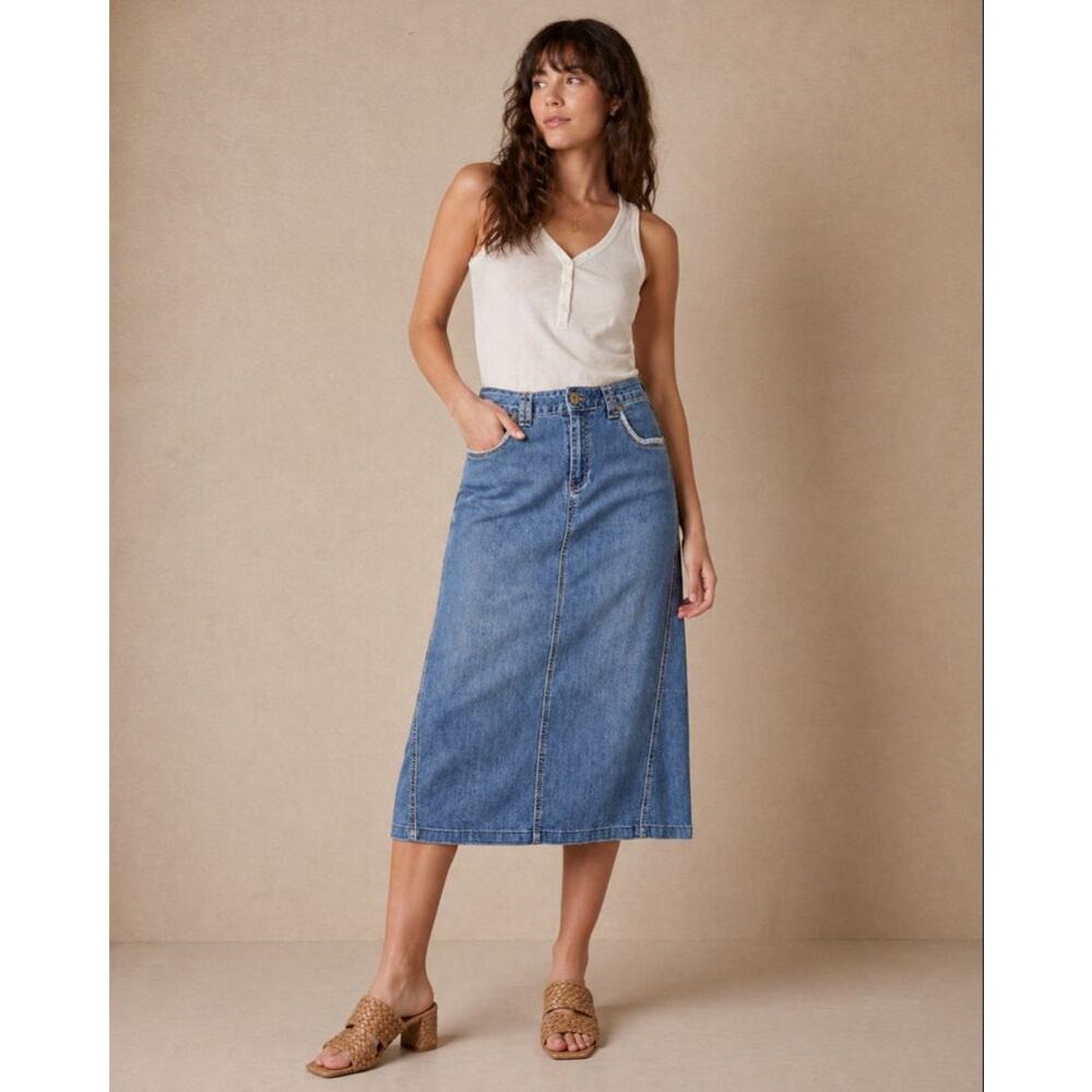 Y2K Denim Midi Skirt Size 14 Large Panel Seam Blue Jean Skirt 33" Waist Stretch